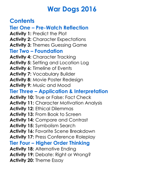 War Dogs 2016 Worksheet Activity Booklet
