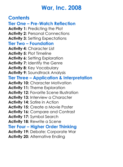 War Inc 2008 Worksheet Activity Booklet