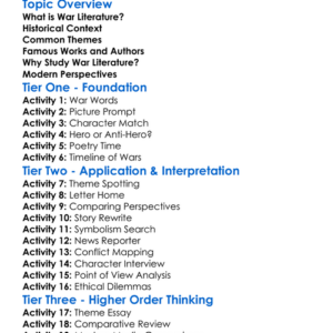 War Literature Worksheet Activity Booklet