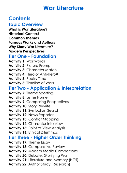 War Literature Worksheet Activity Booklet