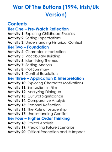 War Of The Buttons 1994 Irishuk Version Worksheet Activity Booklet