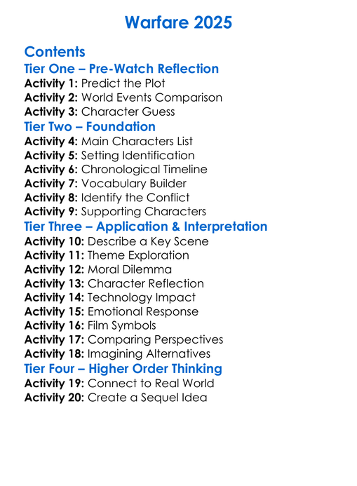 Warfare 2025 Worksheet Activity Booklet