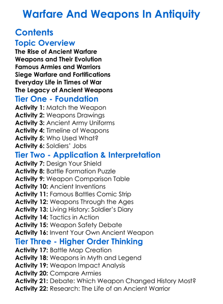 Warfare And Weapons In Antiquity Worksheet Activity Booklet