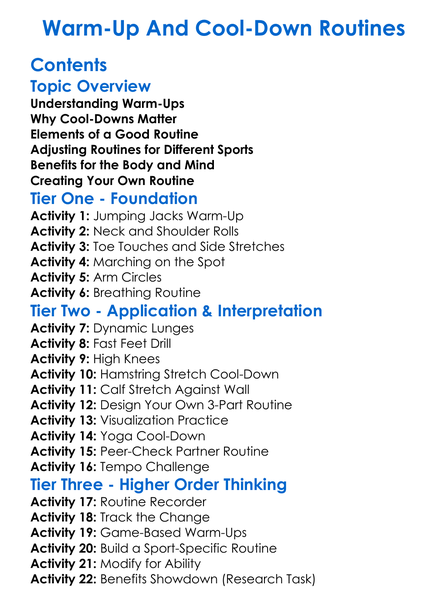 Warm-Up And Cool-Down Routines Worksheet Activity Booklet