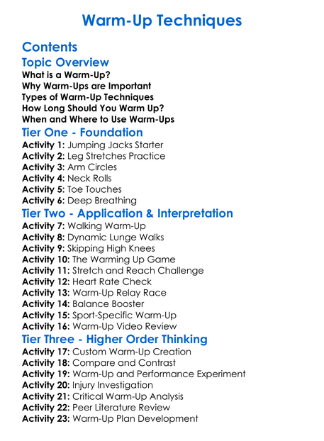 Warm-Up Techniques Worksheet Activity Booklet