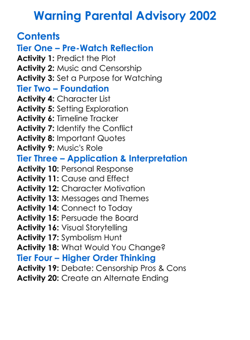 Warning Parental Advisory 2002 Worksheet Activity Booklet