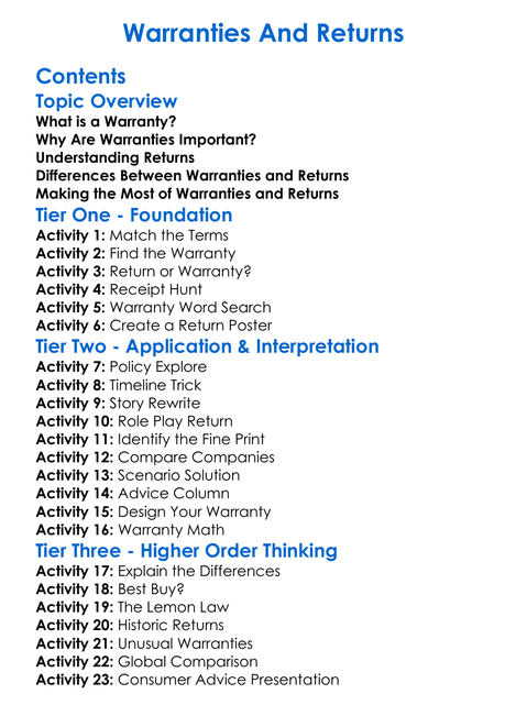 Warranties And Returns Worksheet Activity Booklet