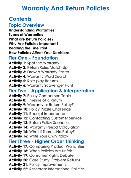 Warranty And Return Policies Worksheet Activity Booklet