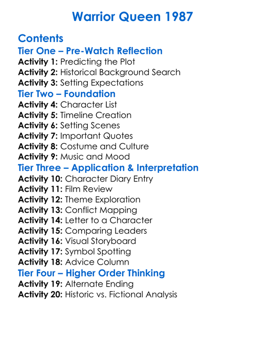 Warrior Queen 1987 Worksheet Activity Booklet