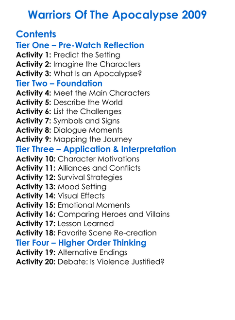 Warriors Of The Apocalypse 2009 Worksheet Activity Booklet