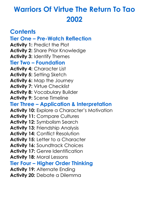 Warriors Of Virtue The Return To Tao 2002 Worksheet Activity Booklet