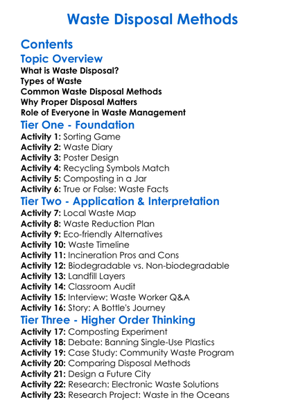 Waste Disposal Methods Worksheet Activity Booklet