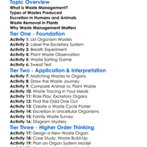 Waste Management In Organisms Worksheet Activity Booklet