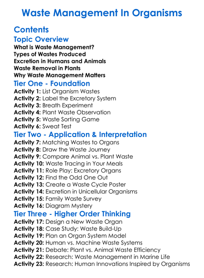 Waste Management In Organisms Worksheet Activity Booklet