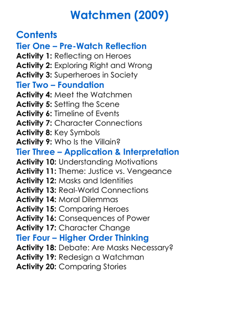 Watchmen 2009 Worksheet Activity Booklet