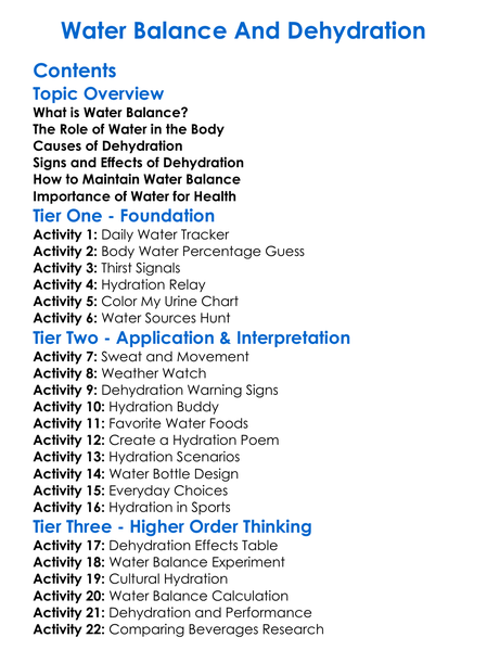 Water Balance And Dehydration Worksheet Activity Booklet