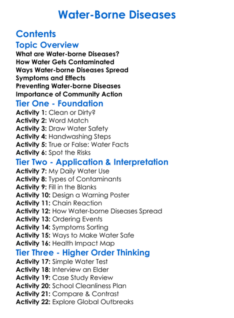 Water-Borne Diseases Worksheet Activity Booklet