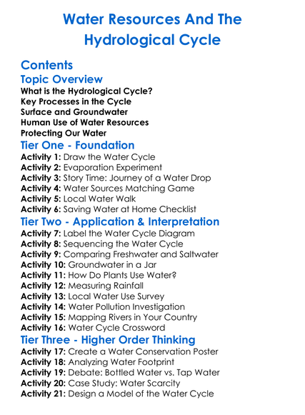 Water Resources And The Hydrological Cycle Worksheet Activity Booklet