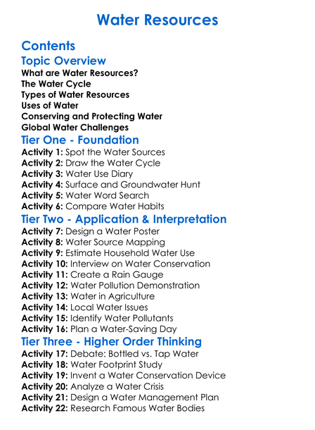 Water Resources Worksheet Activity Booklet