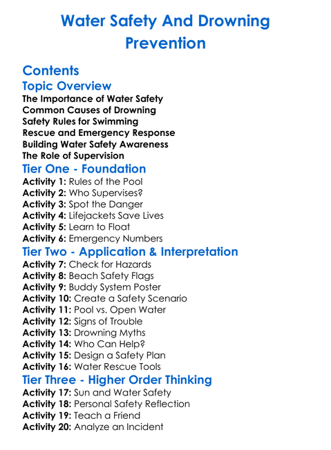 Water Safety And Drowning Prevention Worksheet Activity Booklet