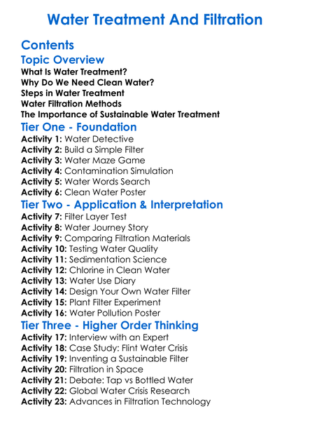 Water Treatment And Filtration Worksheet Activity Booklet