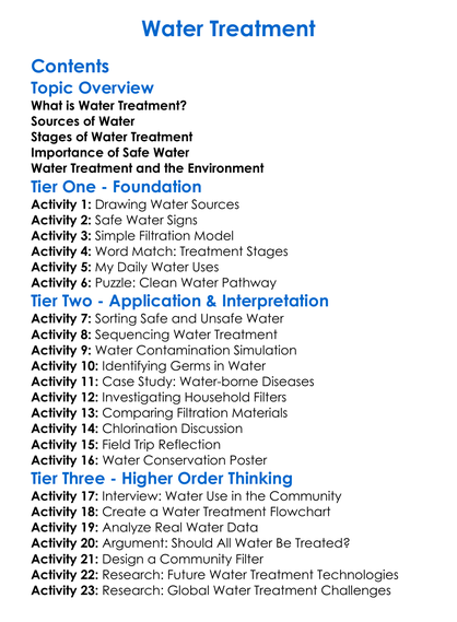 Water Treatment Worksheet Activity Booklet