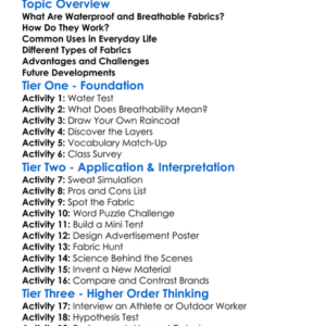 Waterproof And Breathable Fabrics Worksheet Activity Booklet