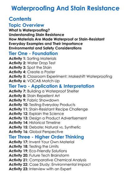 Waterproofing And Stain Resistance Worksheet Activity Booklet