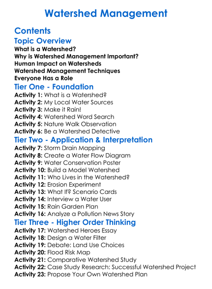 Watershed Management Worksheet Activity Booklet