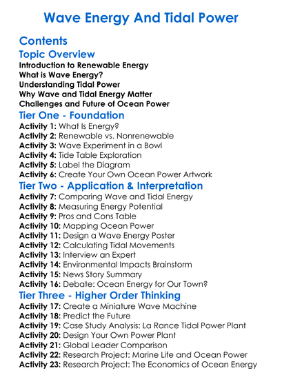 Wave Energy And Tidal Power Worksheet Activity Booklet