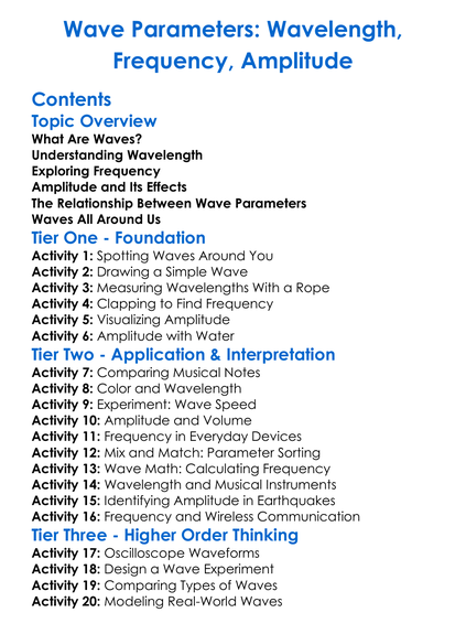Wave Parameters Wavelength Frequency Amplitude Worksheet Activity Booklet