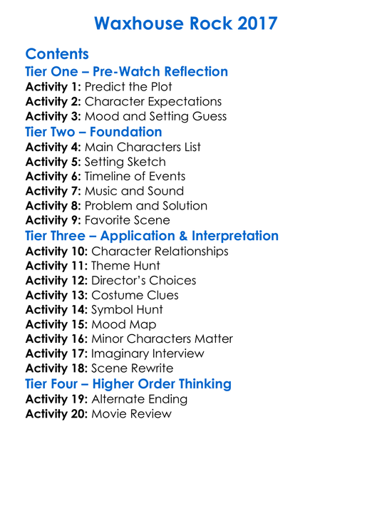 Waxhouse Rock 2017 Worksheet Activity Booklet