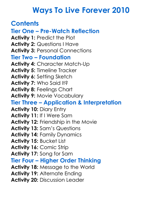 Ways To Live Forever 2010 Worksheet Activity Booklet