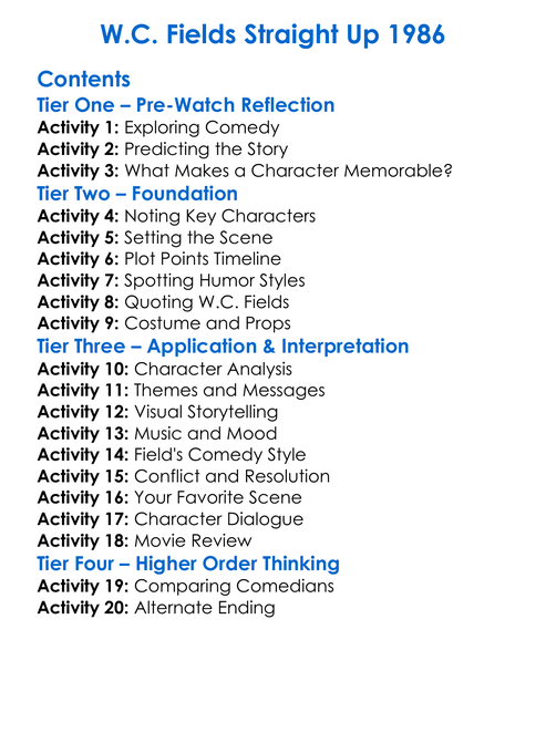 Wc Fields Straight Up 1986 Worksheet Activity Booklet