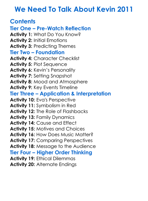 We Need To Talk About Kevin 2011 Worksheet Activity Booklet