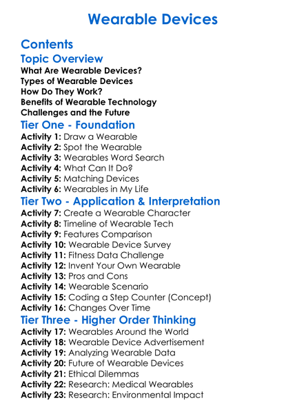 Wearable Devices Worksheet Activity Booklet