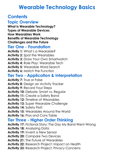 Wearable Technology Basics Worksheet Activity Booklet