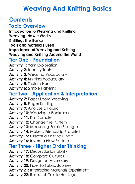 Weaving And Knitting Basics Worksheet Activity Booklet