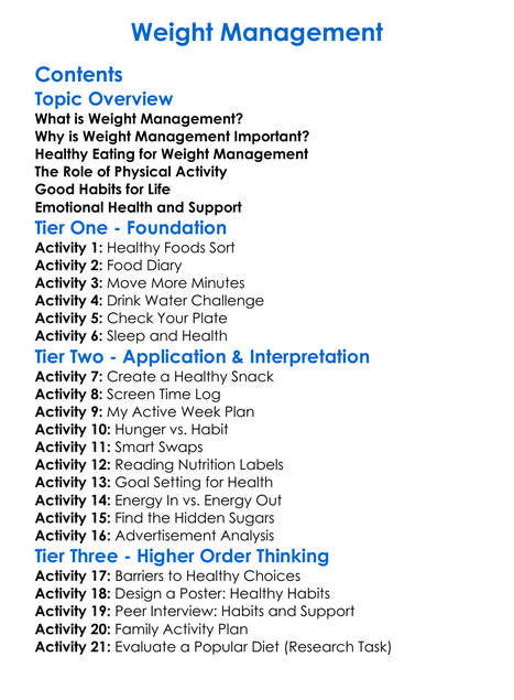 Weight Management Worksheet Activity Booklet