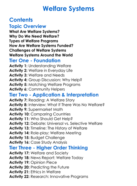 Welfare Systems Worksheet Activity Booklet