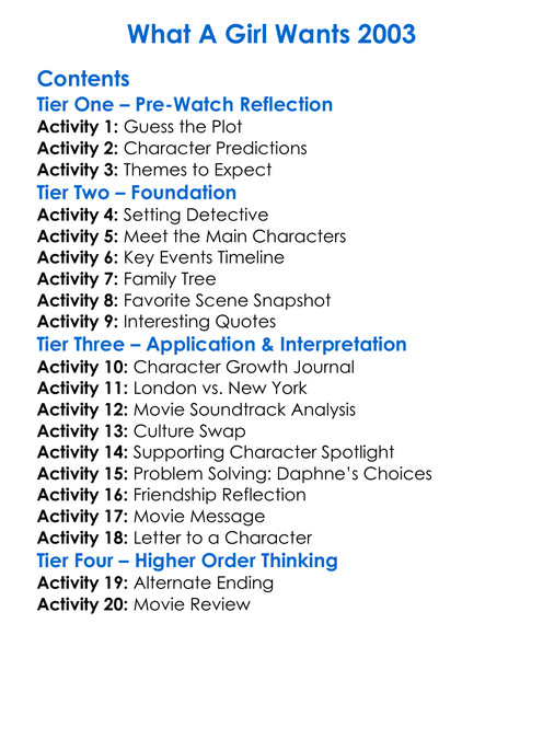 What A Girl Wants 2003 Worksheet Activity Booklet