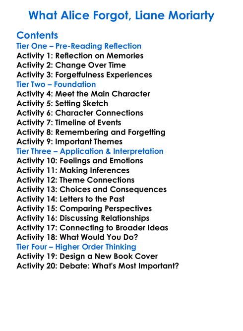 What Alice Forgot Liane Moriarty Worksheet Activity Booklet