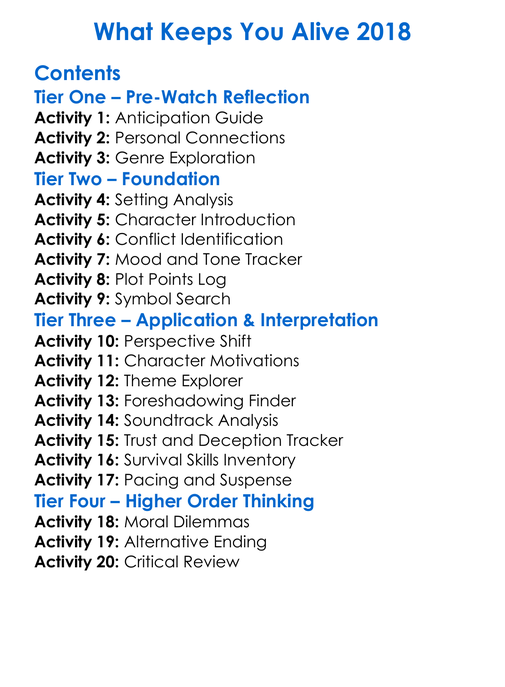 What Keeps You Alive 2018 Worksheet Activity Booklet