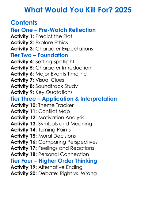 What Would You Kill For 2025 Worksheet Activity Booklet