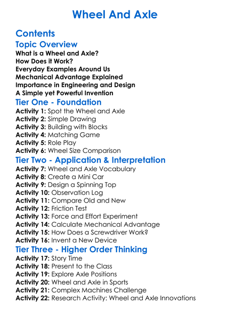 Wheel And Axle Worksheet Activity Booklet