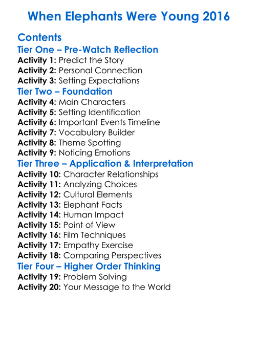 When Elephants Were Young 2016 Worksheet Activity Booklet