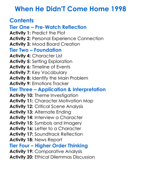 When He Didnt Come Home 1998 Worksheet Activity Booklet