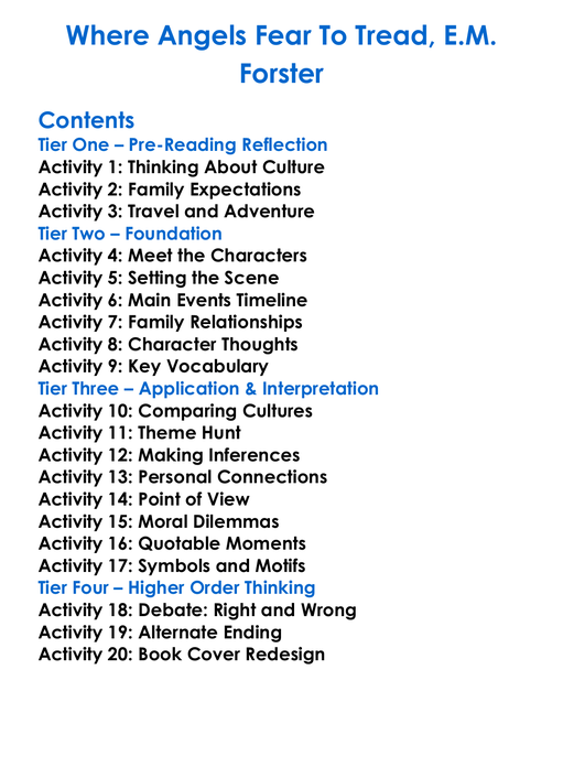 Where Angels Fear To Tread Em Forster Worksheet Activity Booklet