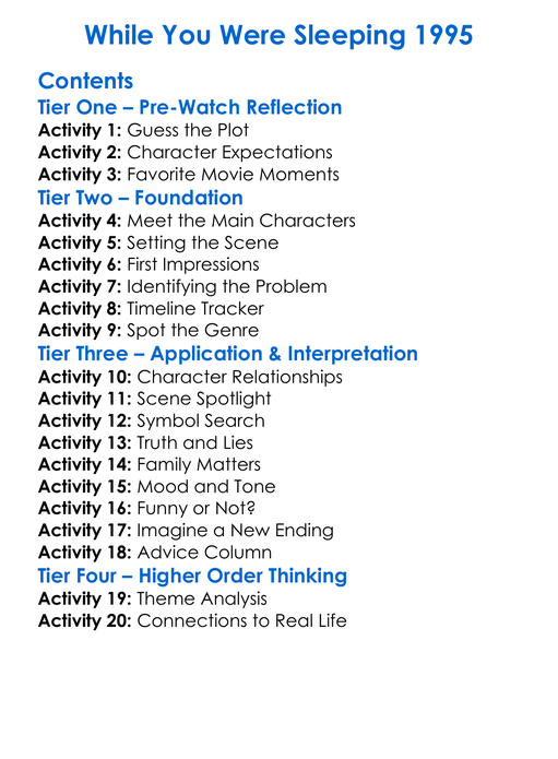 While You Were Sleeping 1995 Worksheet Activity Booklet