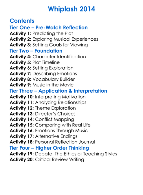 Whiplash 2014 Worksheet Activity Booklet